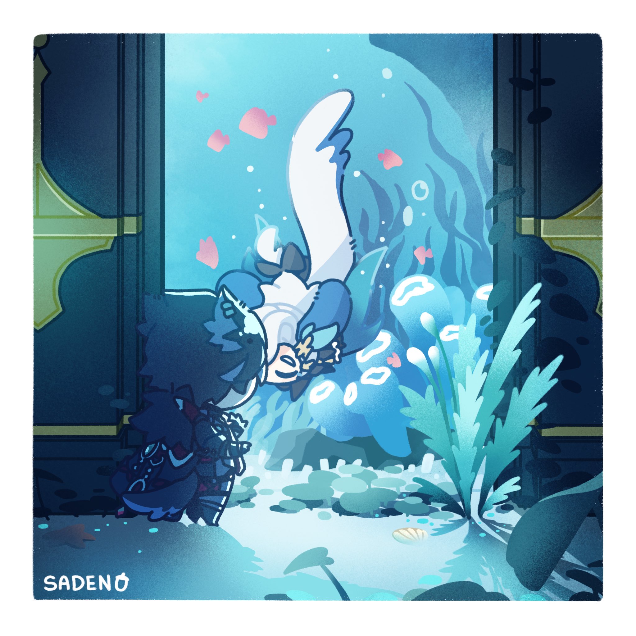the image is a digital drawing in a vibrant animeinfluenced style, featuring two chibilike characters.  one character, primarily white and blue, appears to be floating or swimming in an underwater scene depicted inside what looks like a large, ornate doorway or portal. this underwater scene is detailed with plants, fish, and glowing, bubbly effects.  the second character, mostly dark blue and purple, is standing outside the doorway, seemingly observing the other. the style is whimsical and peaceful, suggesting a magical or fantasy setting. the overall color palette is cooltoned, with blues, teals, and greens dominating. the artist's signature, "sadeno," is visible in the bottom left corner.
