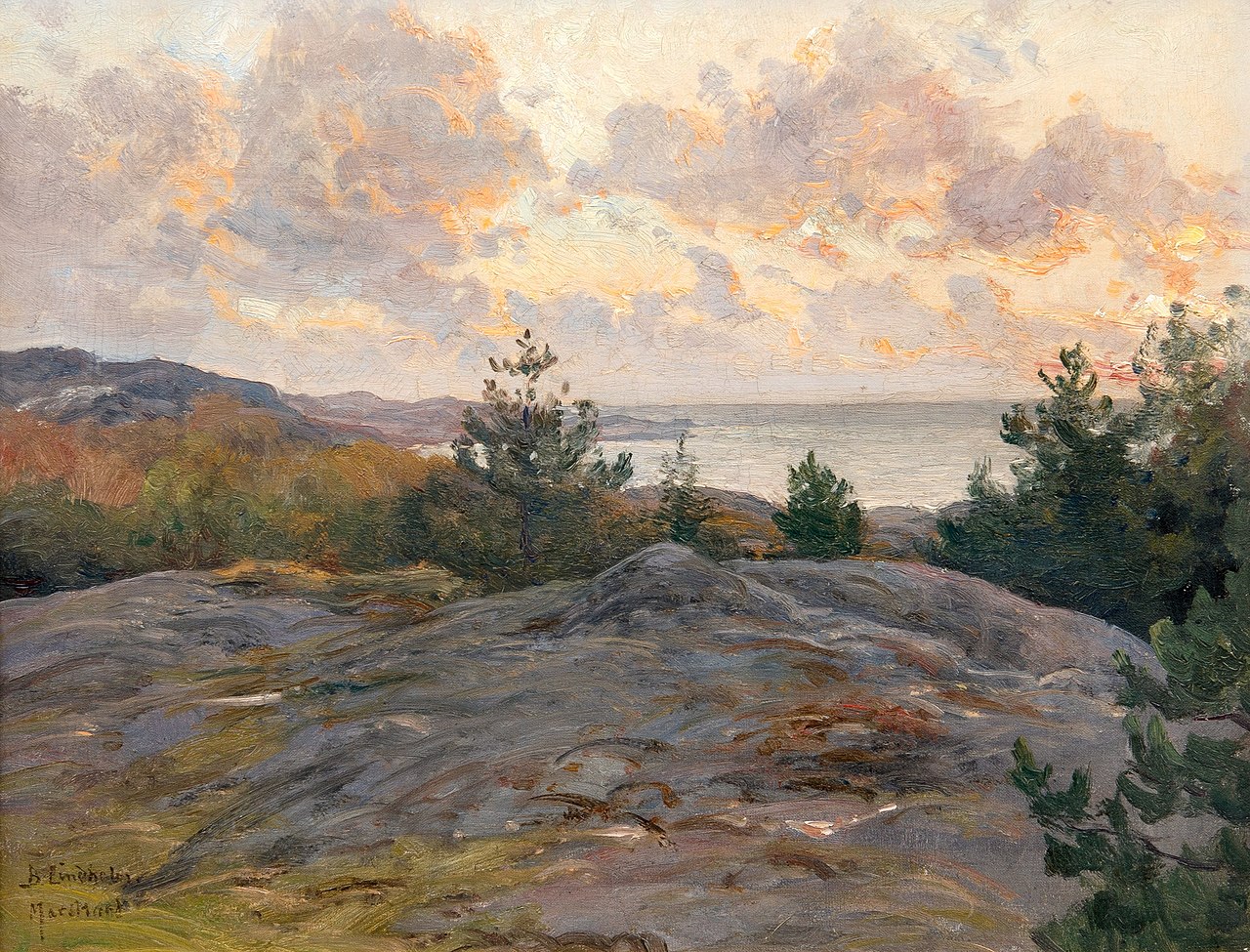 the painting depicts a landscape with a rocky foreground, interspersed with patches of vegetation and a few scattered trees. beyond the rocky terrain, there's a body of water, likely a sea or large lake, extending towards the horizon. in the distance, there are hills or mountains visible. the sky is filled with clouds, rendered in shades of orange, pink, and grey, suggesting either sunrise or sunset. the overall atmosphere of the painting is serene and naturalistic.