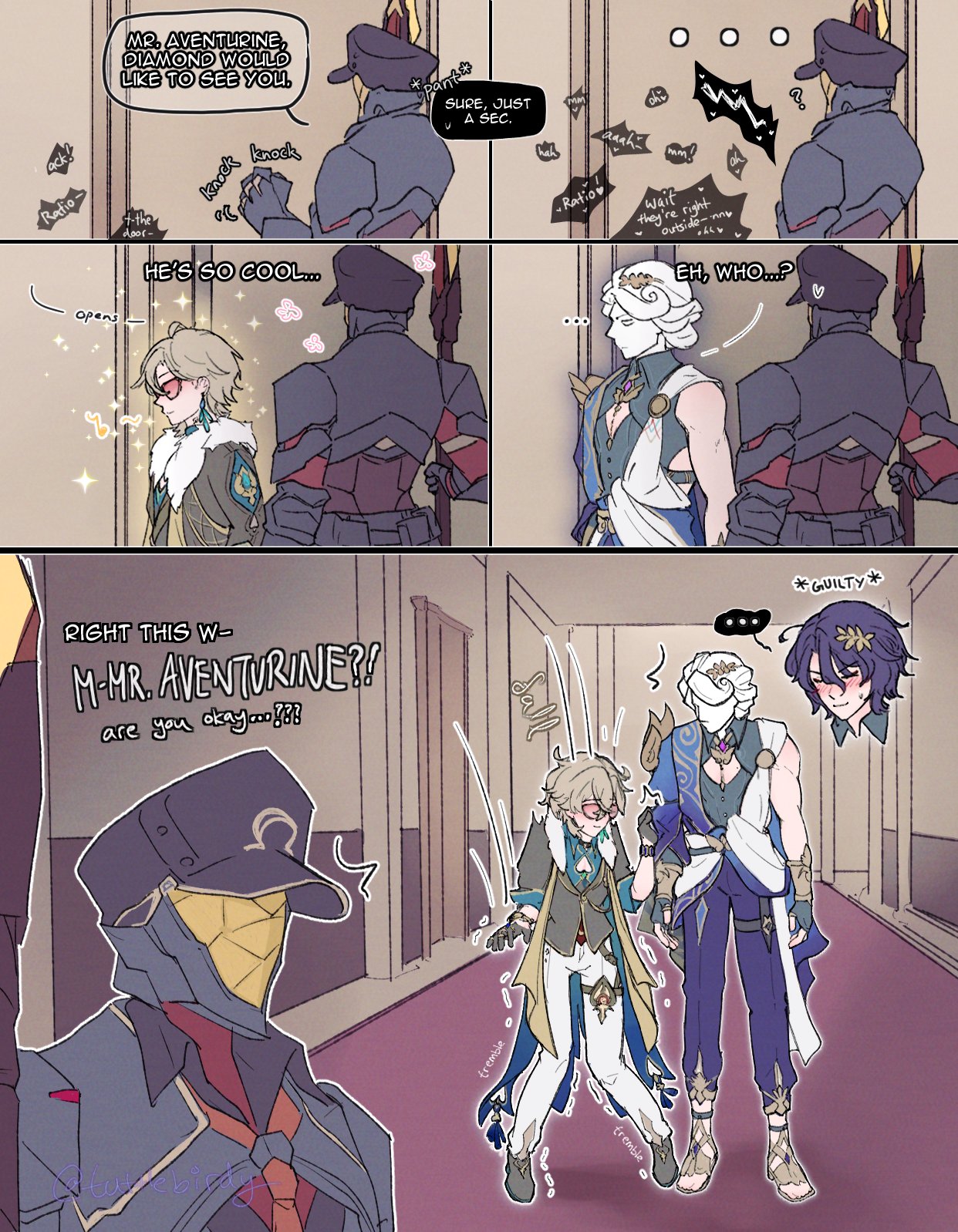 the image is a multipanel comic in anime style, seemingly fan art based on the game genshin impact. it depicts a humorous interaction between several characters.  the story begins with a request for mr. aventurine to meet someone, showing his somewhat surprised reaction. a subsequent panel shows a meeting where things get unexpectedly chaotic, with at least one of the characters looking flustered and another looking a bit guilty. the final panels show a character appearing shaken and another character concerned.  the art style is soft and expressive, with pastel colors and dynamic character poses.  the overall tone is lighthearted and comedic.