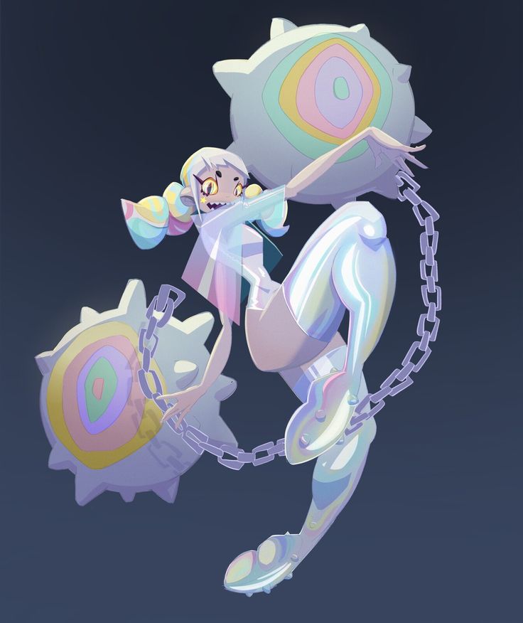 the image features a young anime girl with bright, colorful hair and eyes. she's dressed in a futuristic outfit with iridescent details and is holding a large weapon, with a circular, spiked head attached to a chain. the background is a gradient of blue to purple. the girl is posed in a dynamic position, suggesting she's about to strike. the overall aesthetic is whimsical and energetic.