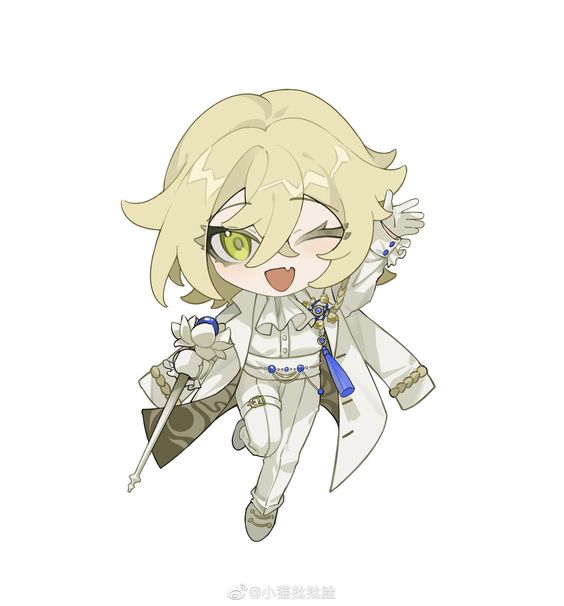 a chibi drawing of the genshin impact character albedo waving at the viewer.  he's wearing his typical outfit.