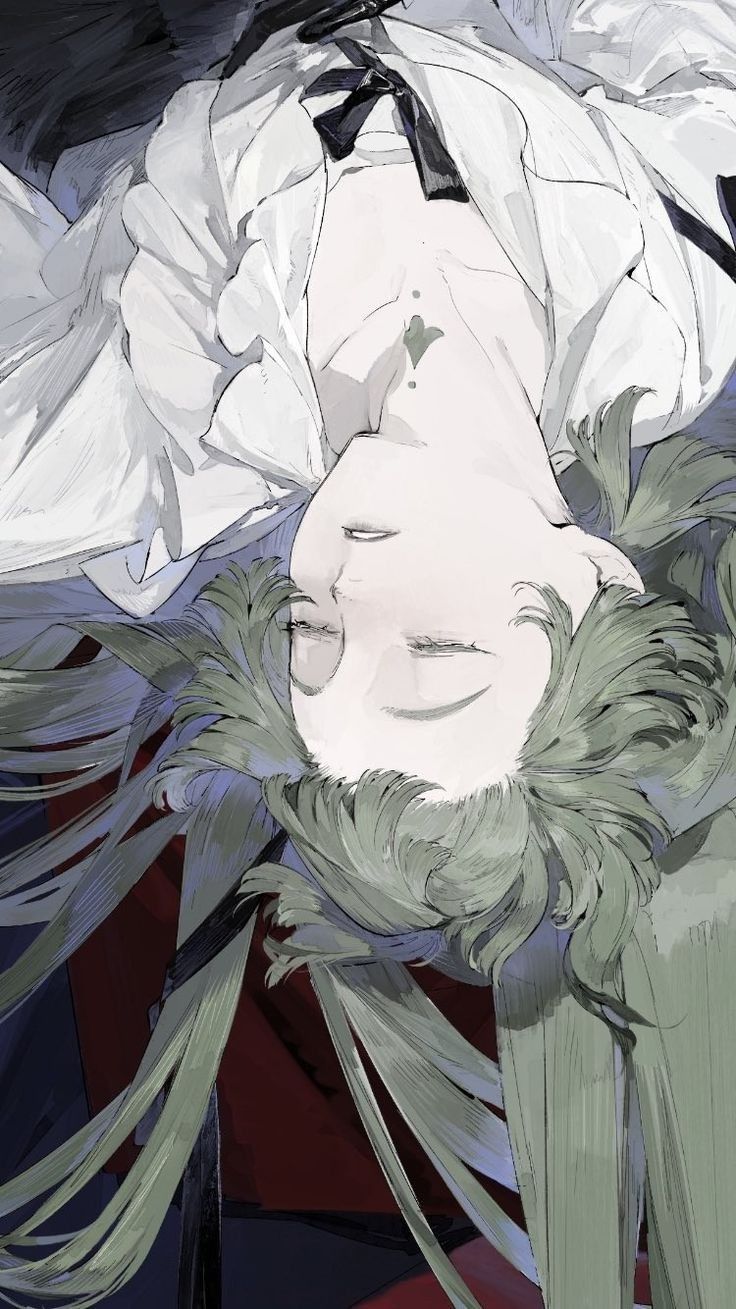 the image is a stylized digital painting or illustration of an animestyle character. the character is lying on their back, seemingly asleep or unconscious. they have long, flowing green hair that cascades around them, partially obscuring their form.  the character is wearing a loose, white, almost sheer shirt with a dark bow tie or collar detail. their skin is pale, and their eyes are closed. the overall style is artistic and expressive, with loose brushstrokes creating a soft, almost ethereal feel. the muted color palette, with grays, whites, greens, and dark reds, contributes to the somber or dreamy mood. the character's face and expression are peaceful or melancholic. the background is dark and undefined, drawing all attention to the central figure.