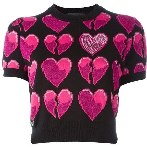 a shortsleeved, cropped, black sweater with pixelated pink heart designs. some hearts are broken, and one is filled with shimmering dots.