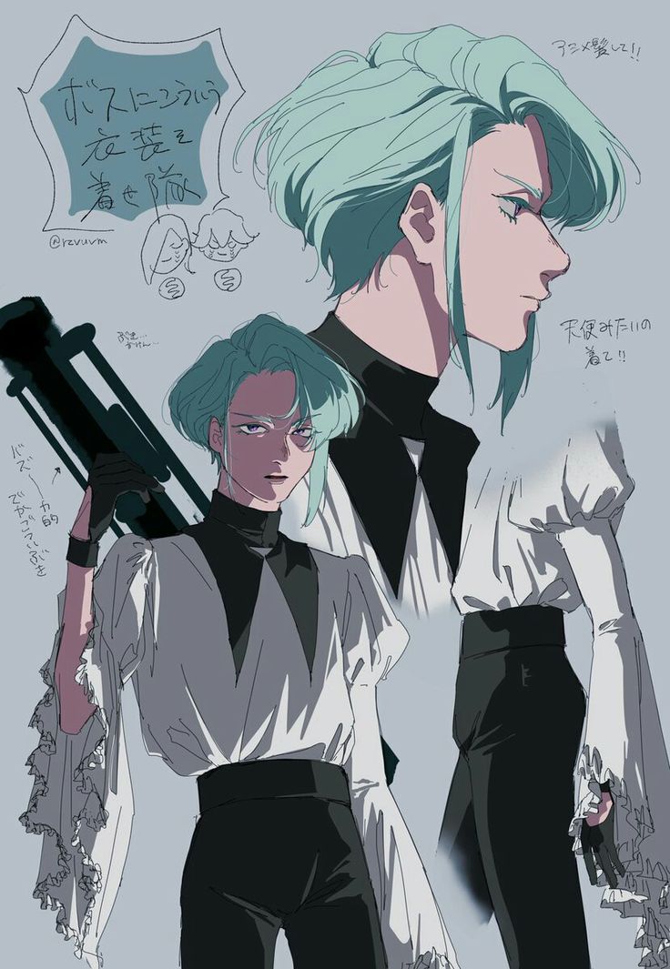 the image is a collection of character design sketches in an anime/manga style.  the main focus is on a male character with teal hair styled in a short bob.  he's depicted in various poses, showcasing different aspects of his outfit.  the clothing is a mix of dark trousers, a black highcollared undershirt, and a white, ruffled blouse with long sleeves.  the character also holds a large bazookalike weapon in one sketch.  other sketches show variations of the outfit and hairstyle, possibly exploring different design options.  japanese text is scattered throughout, likely artist notes or comments on the design process. the overall style is stylish and sleek, with a hint of elegance.
