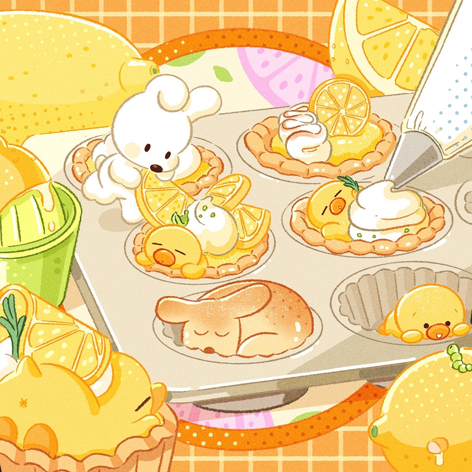 the image is a whimsical and colorful illustration of various cute animalshaped lemon tarts in the process of being baked.  a fluffy white bunny, a yellow chick, and a small dog are adorably positioned on top of miniature lemon tarts filled with lemon curd and meringue. there's a pastry bag adding meringue swirls to some of the tarts. the overall scene is cheerful and playful, emphasizing the cute aesthetic and the deliciouslooking lemon desserts.  lemons and lemon slices are scattered around, adding to the citrus theme. the background features a cheerful orange and yellow color scheme and simple patterns. the style is reminiscent of kawaii art.
