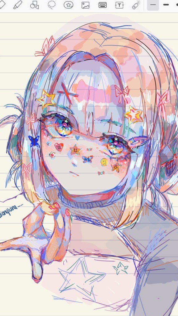 the image is a digital drawing of a cute anime girl. she has pastelcolored hair styled in a way that slightly reveals her face. her face is adorned with various colorful stickers like stars, hearts, butterflies, and smiley faces. she is wearing casual clothing and has a hand gesture as if she's waving or presenting something. the style is reminiscent of kawaii aesthetics,  with a soft and playful vibe. the background is a lightcolored notebook paper, which further enhances the casual and sketchbooklike feel of the art. the overall style is loose and sketchy, but still highly detailed and expressive.