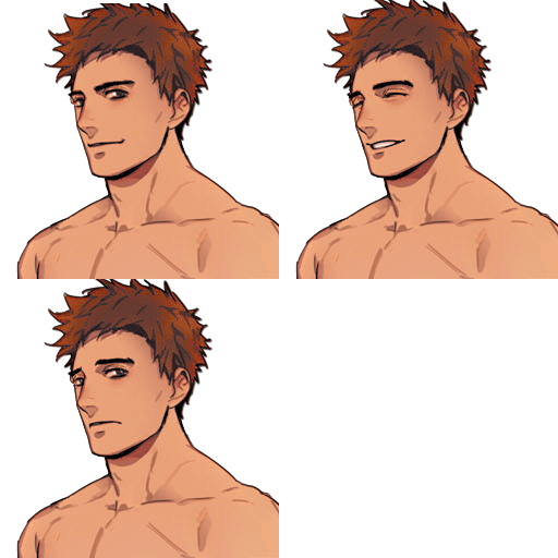 the image showcases four different closeup portraits of a shirtless animestyle male character with reddishbrown, spiky hair. each portrait features a slight variation in his facial expression:  one is a neutral expression, one shows a subtle smile, one has a happy expression, and another includes a wink.  the style is reminiscent of digital painting or illustration, with a focus on character design and facial features. the background is black, ensuring the character is the focal point.