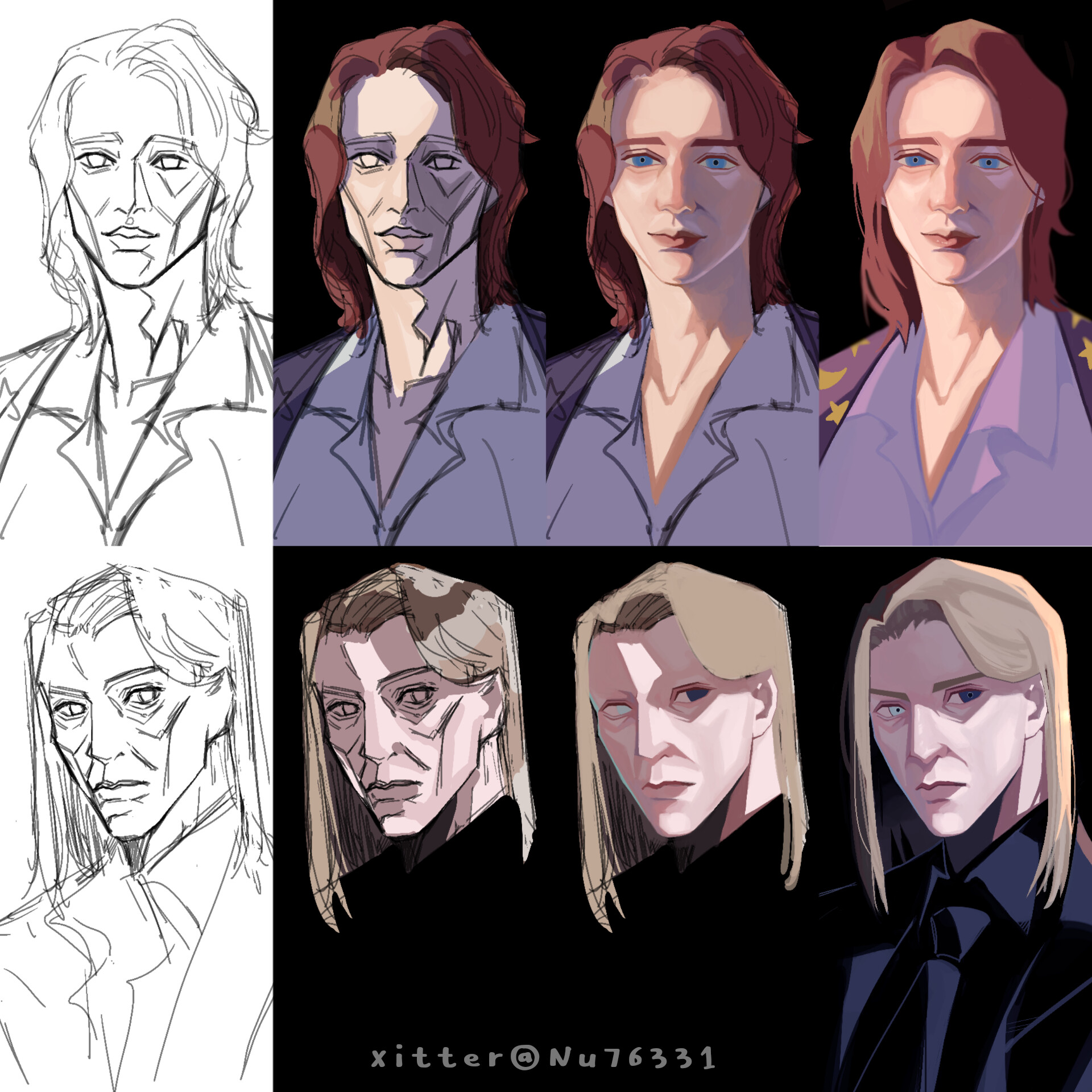 this is a digital art image that shows the process of drawing a portrait of a character. the first two columns show the process of drawing a character with red hair, and the second two columns show the process of drawing a character with blonde hair. the first row shows the basic sketch, the second row shows the colored version, and the third row shows the final rendering of the character. the artist used soft colors and delicate shading to create a realistic effect.  the art is clean and wellcomposed, showing the artist's skill. the art is also interesting and engaging, capturing the viewer's attention. the piece is a great example of how digital art can be used to create beautiful and expressive portraits.
