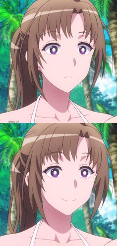 the image is a twopanel animestyle drawing of a young woman with brown hair pulled back in a ponytail and purple eyes. she is wearing a white swimsuit top and is smiling slightly in the top panel, and more broadly in the bottom panel. the background is a blurry depiction of a tropical beach with palm trees. the image is brightly lit and the colors are soft and warm.