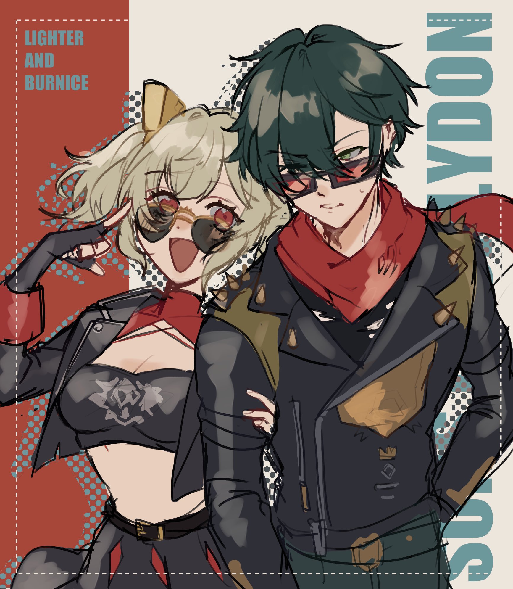the image is a digital drawing or fanart in an anime/manga style. it depicts a closeup of a stylish couple. the female character has blonde hair, a leather jacket, and red accents. the male character has dark green hair and a similar leather jacket. both are wearing sunglasses and have a punkinspired aesthetic. they are posing closely together, and the background has a retro/punk design with a red and beige color scheme and text that seems to indicate the artist's name or the title of the artwork ("lighter and burnice"). the overall mood is edgy and cool.