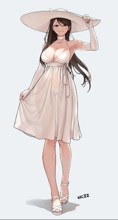 an anime girl with long brown hair is walking in a white dress and hat. she is wearing white sandals and looks elegant and beautiful. the background is a simple white.