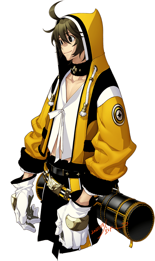 this is a digital drawing of a young male anime character wearing a yellow and black jacket, hoodie, and gloves, holding a cylindrical weapon, and smiling sideways. the character has short, brown hair. he's wearing white gloves and a black bag on his right side, and a silver ring around his neck. the background is black, and the drawing is done in a manga style.