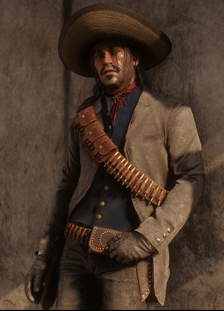 the image is a closeup, stylized portrait of a male character seemingly from the video game red dead redemption 2. he is dressed in attire reminiscent of a late 19thcentury gunslinger or bandit of mexican or hispanic descent. his outfit includes a widebrimmed sombrero, a grey or tan long coat, a darkcolored vest, and a leather bullet belt slung across his chest.  he wears dark leather gloves and has a serious expression on his face with a prominent mustache. the background is a muted, textured wall consistent with an old western setting. the overall lighting and style give the image a cinematic quality reminiscent of a still from a western film.