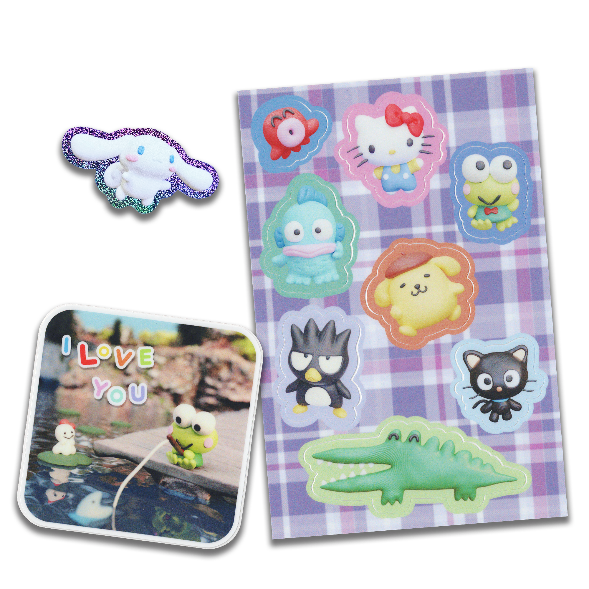 a collection of kawaii character stickers featuring sanrio characters such as hello kitty, keroppi, badtzmaru, and cinnamoroll, as well as other adorable characters. the stickers are arranged on a sheet with a plaid background.