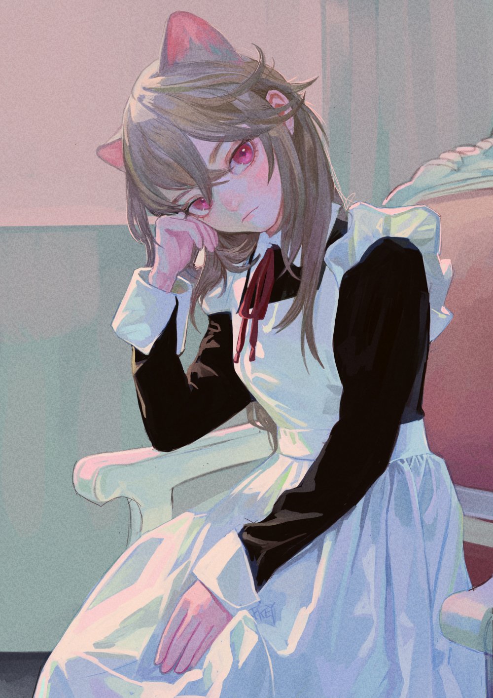 an animestyle catgirl wearing a maid outfit sits on a chair. she has brown hair, cat ears, and striking red eyes. she is in a pensive or melancholy mood, resting her head on her hand.