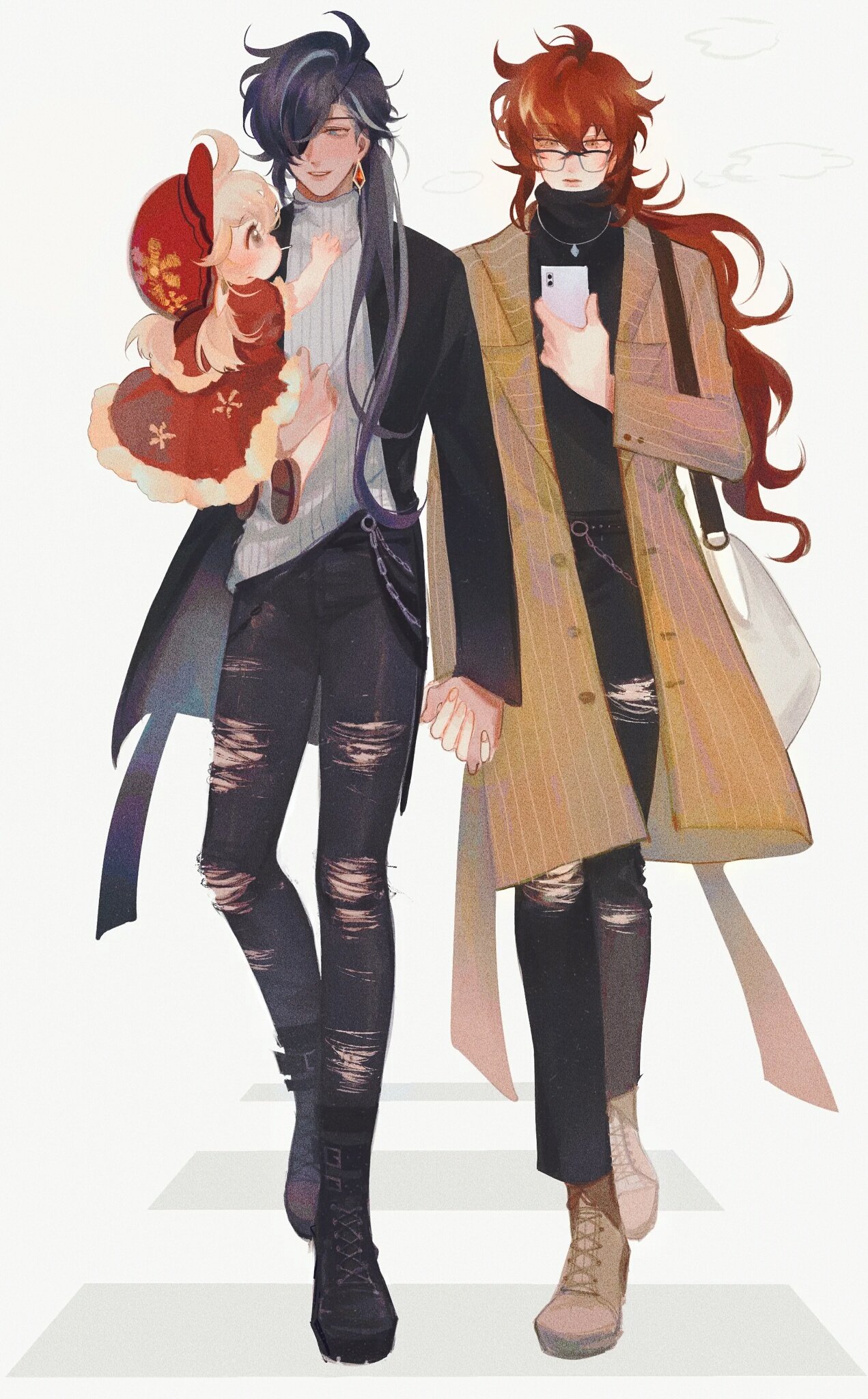 the artwork depicts a stylish animestyle couple, possibly a family, walking handinhand across a pedestrian crossing.  one person, with long, dark hair and black clothing featuring ripped jeans, carries a small child dressed in red and gold. the child appears to be a toddler or young girl with blonde hair. the other person, with vibrant red hair and glasses, wears a beige coat and carries a cellphone.  their attire is fashionable and modern. the overall style is soft and painterly, with a focus on warm colors and detailed clothing.  the image conveys a sense of happiness and family.