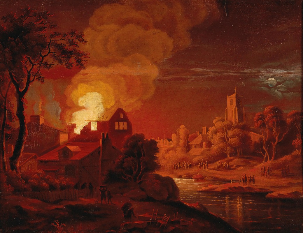 this is an oil painting depicting a town at night during a fire. several buildings are engulfed in flames, with smoke rising into the sky. a church stands illuminated by the moon in the distance on the right side of the image, while the burning buildings are on the left. a river flows through the scene, reflecting the moonlight and fire. groups of people are gathered along the riverbank, observing the disaster. in the foreground are silhouetted figures and abandoned chairs. the overall atmosphere is one of chaos and devastation.