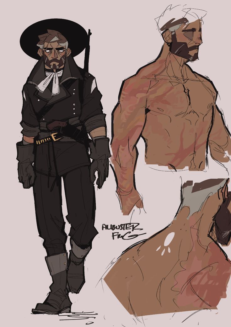 a digital drawing of a man in a cowboy hat and jacket. he is holding a gun. the drawing includes sketches of his body showing his musculature and scars. the artist's signature is in the bottom right corner.