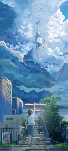 the image shows a man standing on the ground reaching up towards a woman falling from the sky. the background features a blue cloudy sky with tall buildings and green trees. the scene is set on a paved road with stone steps leading up to a red torii gate.  the overall tone of the image is magical and ethereal.