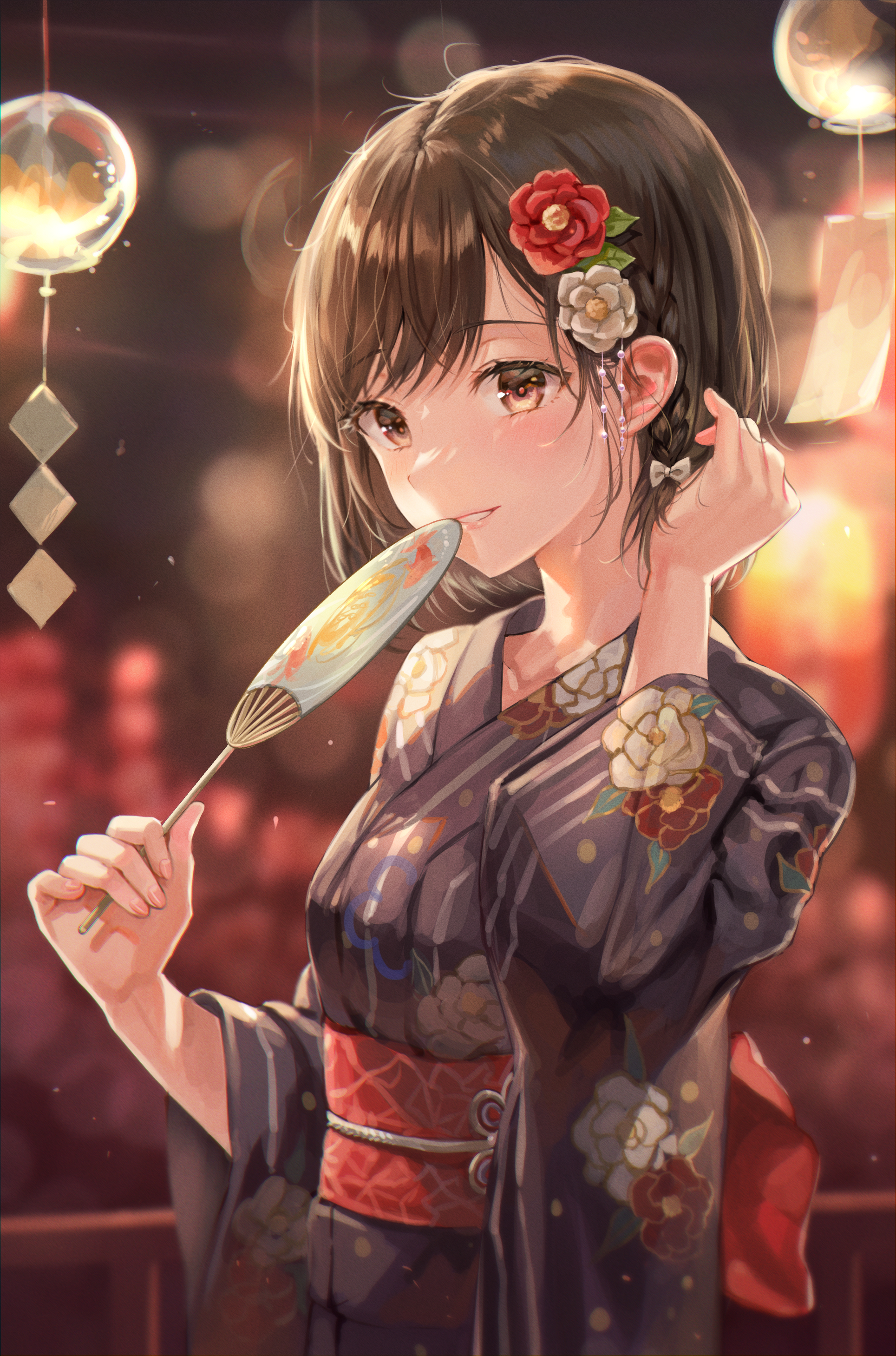 the image is a digital illustration of an anime girl wearing a darkcolored yukata with floral patterns. she has brown hair adorned with flowers and is holding a lollipoplike object and a small fan. the background suggests a summer festival setting with lanterns and bokeh lights. the overall style is cute and sweet.
