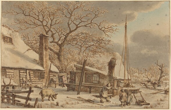a winter landscape featuring snowcovered buildings with thatch roofs and tall chimneys. several figures are visible, including children and an adult near a structure possibly related to a boat mast. a pig wanders in the snowy foreground. the scene is dominated by barren trees and a grey, overcast sky. the artwork appears to be a drawing or watercolor in a dutch artistic style.