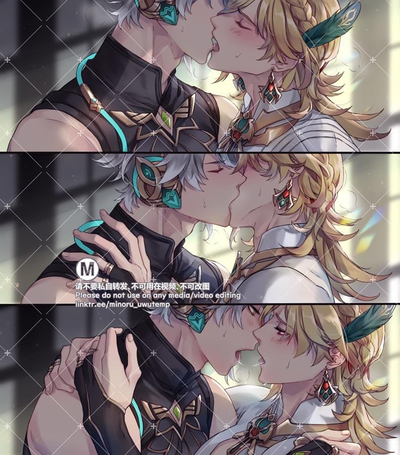 this is a fanart of albedo and itto from the game genshin impact. they are drawn in a romantic style, with their faces close together and their eyes closed, kissing each other passionately. the image is colored in a soft, warm palette, and the characters' expressions are gentle and loving. the background is blurred and out of focus, drawing attention to the couple in the foreground.