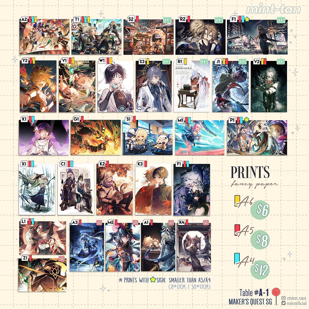 this image is a promotional poster for prints of genshin impact characters. it features a grid of 24 images of different characters, including diluc, kaeya, klee, qiqi, eula, ganyu, albedo, and others. the poster also includes information about the types of paper available for the prints, their sizes, and prices. the image includes a small red circle with a white star in the corner, possibly signifying a special sale or promotion.  it also includes contact information for the seller on the bottom right.