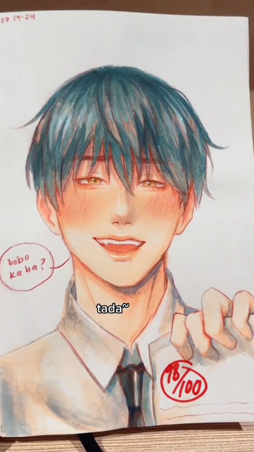 this is a digital illustration of an anime boy holding a paper with a score of 87 out of 100 on it. he's smiling and holding the paper with his right hand. the background is plain white. the boy looks very happy and proud of his achievement, even though the score is not perfect.