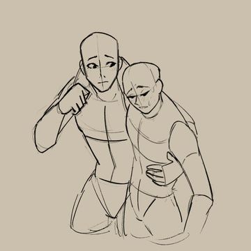 a sketch of two people, with a simpler body outline, hugging each other. the person on the left looks like they are comforting the person on the right.  this is a gesture of friendship and comfort. the pose of the characters are depicted in a simple line art style.