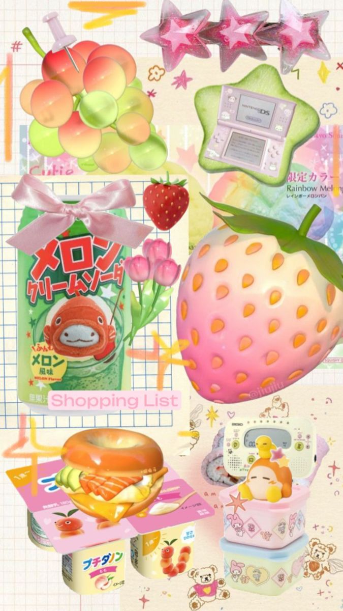 the image contains a collage of several kawaiithemed items, including a bunch of grapes with a thumbtack, three starshaped hair clips, a large strawberry, a ds game, a can of melon soda with a pink bow, tulips, a bagel sandwich on a pink container, yogurt cups, a clock with a figure on top, stacked lunch boxes, and bear stickers, all arranged on a grid background with a "shopping list" label.