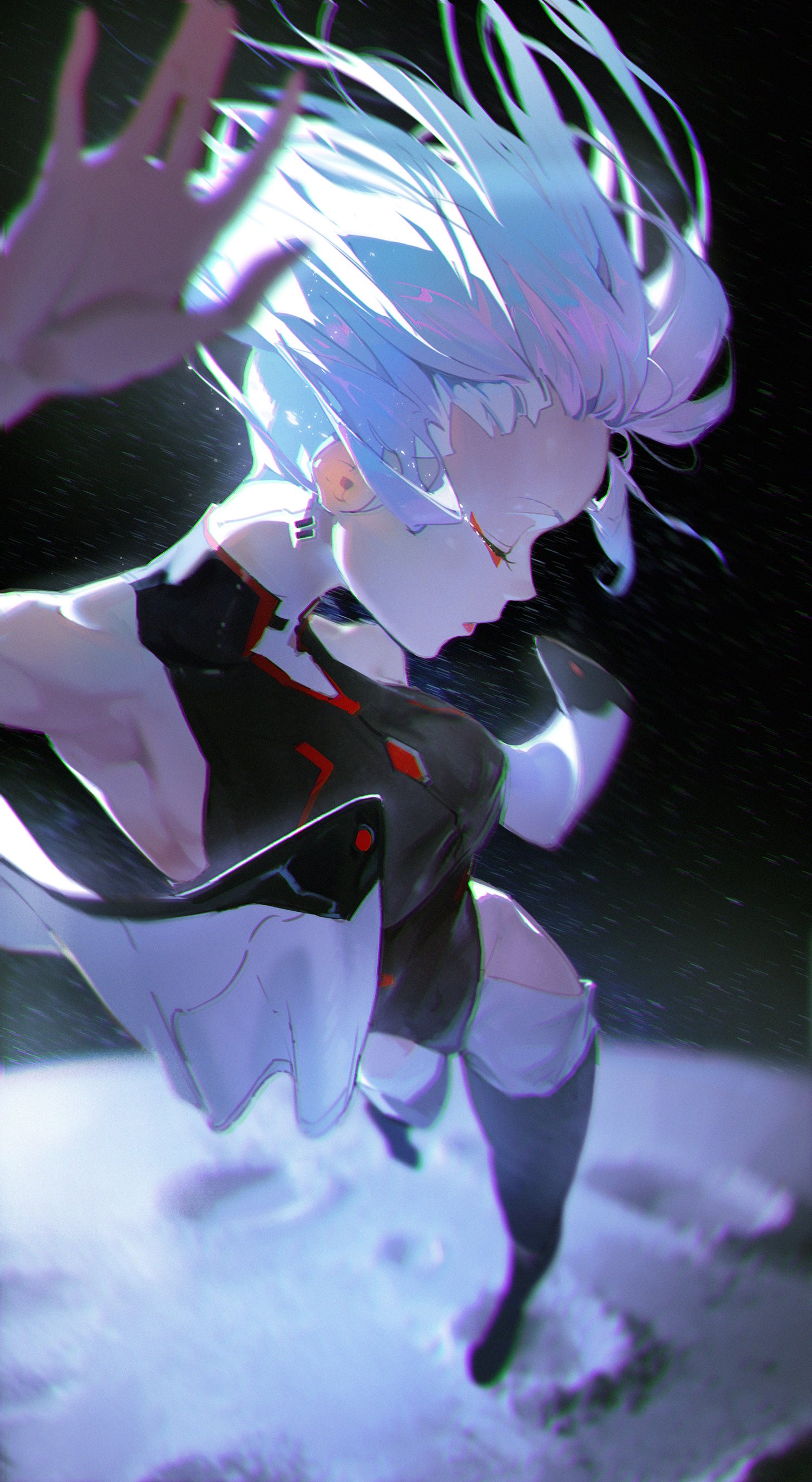 this is an anime style digital art illustration of a female character with long blue hair, falling from the sky with wind blowing her hair. she is wearing a white and black outfit and has a red and black design on her chest. she is looking down and her face is in a determined expression. the background is a dark blue with a little bit of white.