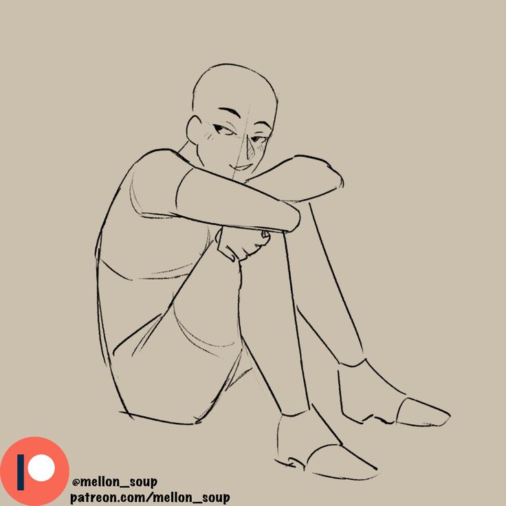 a simple line drawing of a young male character sitting with their legs crossed and their arms wrapped around their legs. they are facing the viewer, and the image is drawn in a simple and stylized manner.  the character appears to be sitting on the ground, their feet are flat on the floor and their pose is relaxed.