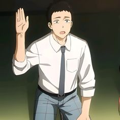 the image showcases a young man, depicted in an anime art style, with short brown hair and brown eyes. he's dressed in a white, longsleeved, collared shirt, a dark teal tie, and bluegray plaid pants. his right hand is raised in a gesture, while his left hand is positioned near his thigh.  the background suggests an indoor setting with simple lighting.