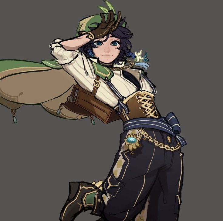 this is an anime style illustration of a male character. he has blue hair and green eyes and is wearing a white striped shirt, brown pants, and a green hat. he is wearing a brown and gold belt and gold chain. he is holding a brown bag on his shoulder and his green cape is flowing behind him. his boots are brown and green. he looks like he's about to go on an adventure.