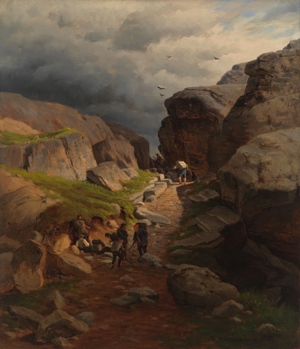 the image is a painting depicting a mountain landscape with a rocky path. several people are hiking along the path, some with backpacks. in the foreground, there are figures resting. the path leads upwards, framed by large rock formations. the sky is overcast with storm clouds, adding a dramatic atmosphere. the scene conveys a sense of travel and adventure in a rugged natural environment.