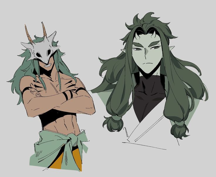 the image is an illustration of two anime/manga male characters. the one on the left is shirtless with green hair and a white mask. he is wearing a green and orange cloth around his waist, and his arms are crossed. he is looking to the right. the character on the right is wearing a black shirt with a white robe over it. he has long, green hair and is looking forward. his expression is stern. the image is drawn in a style similar to many modern anime/manga series.