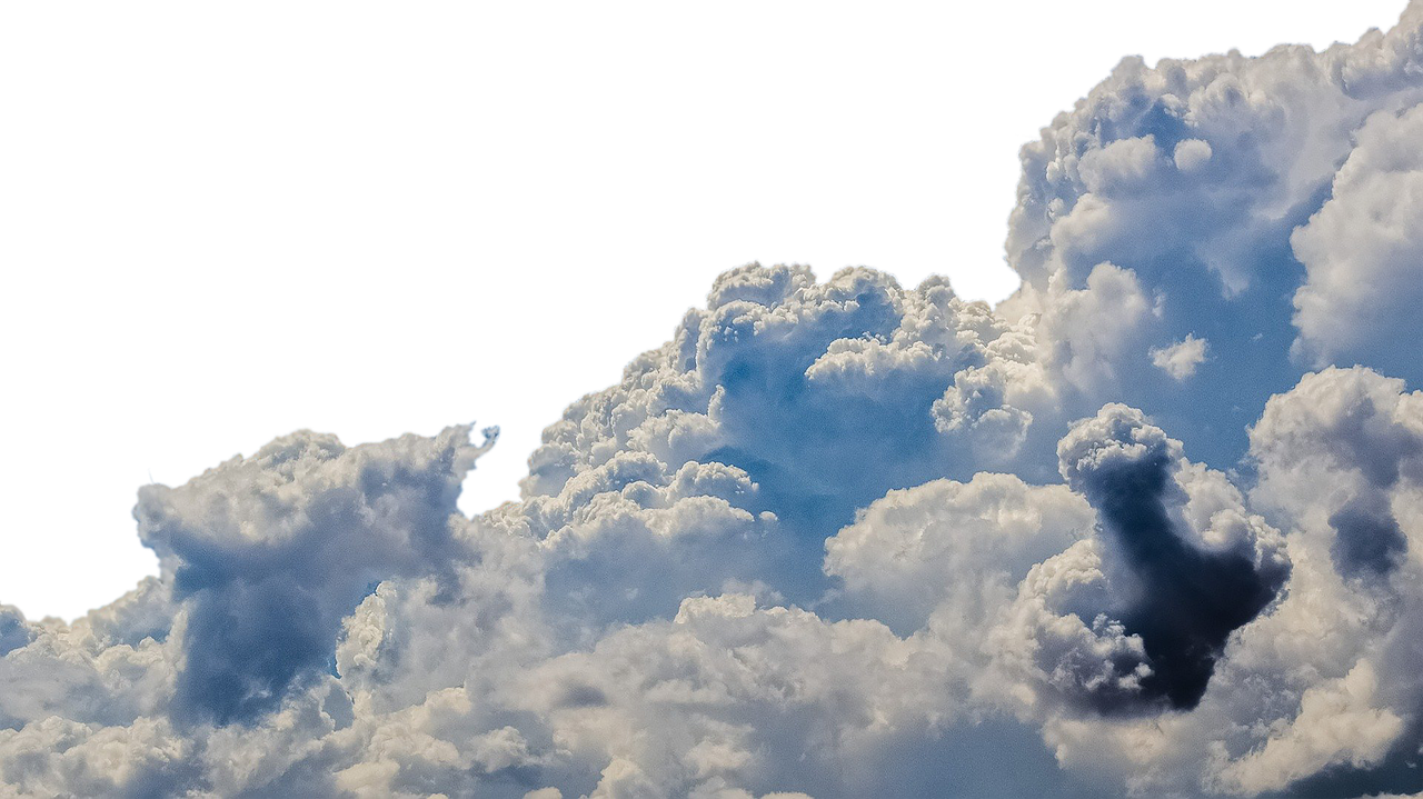 the image shows a view of a cloudy sky with cumulus clouds against a black background. the clouds are white and fluffy, with varying shades of blue. they fill the lower part of the frame, with a dark, cutout black background filling the upper part.