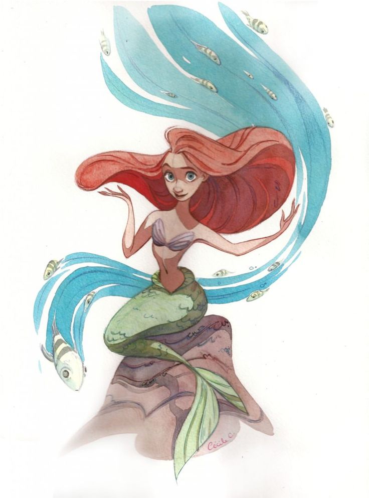 a watercolor painting of ariel, the little mermaid, sitting on a rock surrounded by water and small fish. she has flowing red hair and a green tail, and wears a seashell bra. her arms are outstretched in a welcoming gesture.