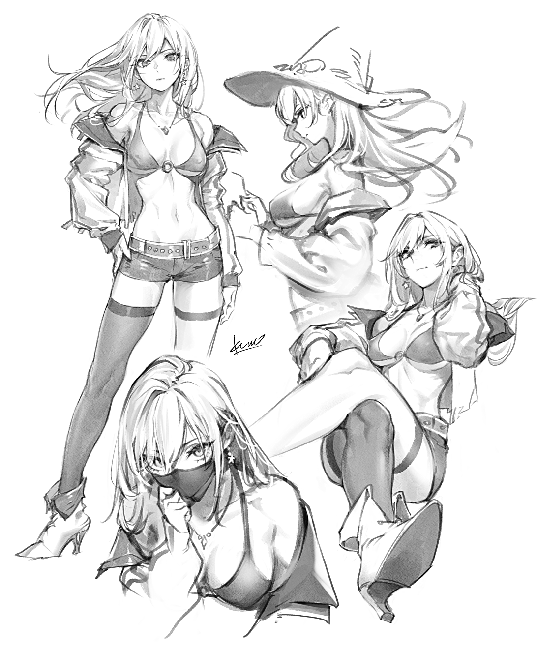 the image is a black and white sketch featuring four different poses of an animestyle female character. she is depicted in various outfits and poses, including a standing pose with a jacket, bikini top, shorts, stockings, and boots, as well as a seated pose with a wizard hat and other clothing items. one pose shows her wearing a mask. the character is depicted with a confident expression and is drawn with fine lines and shading.