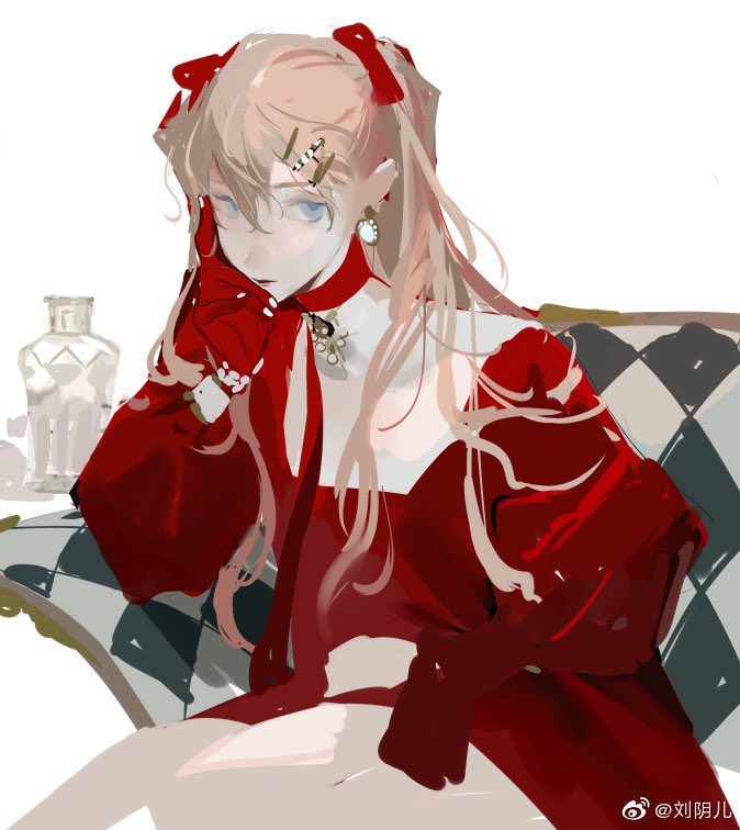the image is a digital painting of an anime girl with long blonde hair,  wearing a red dress. she is sitting on a chair, with her hand on her chin. she has hair clips, a bow, and jewelry on her. she is looking at the viewer with a soft expression. the image has a delicate and elegant feel.