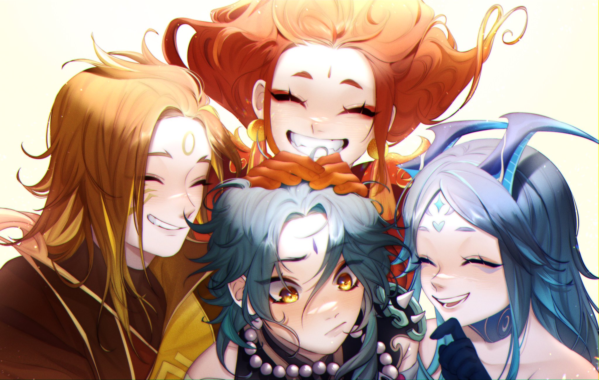 the image depicts a group of four anime characters, all girls, standing close together and smiling happily. they all have unique hairstyles and outfits, and they are all adorned with various ornaments and accessories. the girl with orange hair wears a red and gold outfit with a gold crown and earrings. the girl with long blonde hair has yellow and brown clothing. the girl with blue hair and a demonlike appearance has an elaborate blue outfit, and the girl with blue hair and a more human appearance wears a black outfit. the background is a bright white light, and the image is filled with vibrant colors and detail.