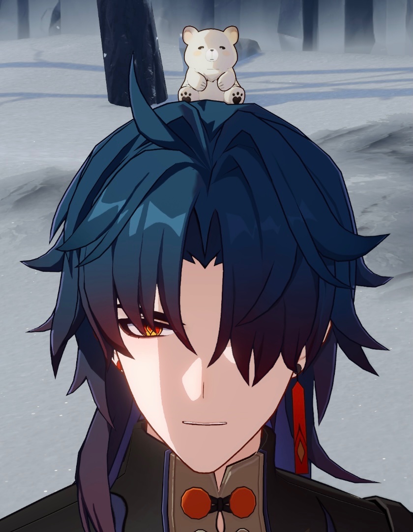 a closeup shot of the genshin impact character xiao. xiao is a polearmwielding adeptus from liyue, known for his strong defense and powerful attacks. he is shown here with a small white bear sitting on his head, looking somewhat annoyed at the viewer. the background is a snowy scene, hinting at his homeland of liyue.
