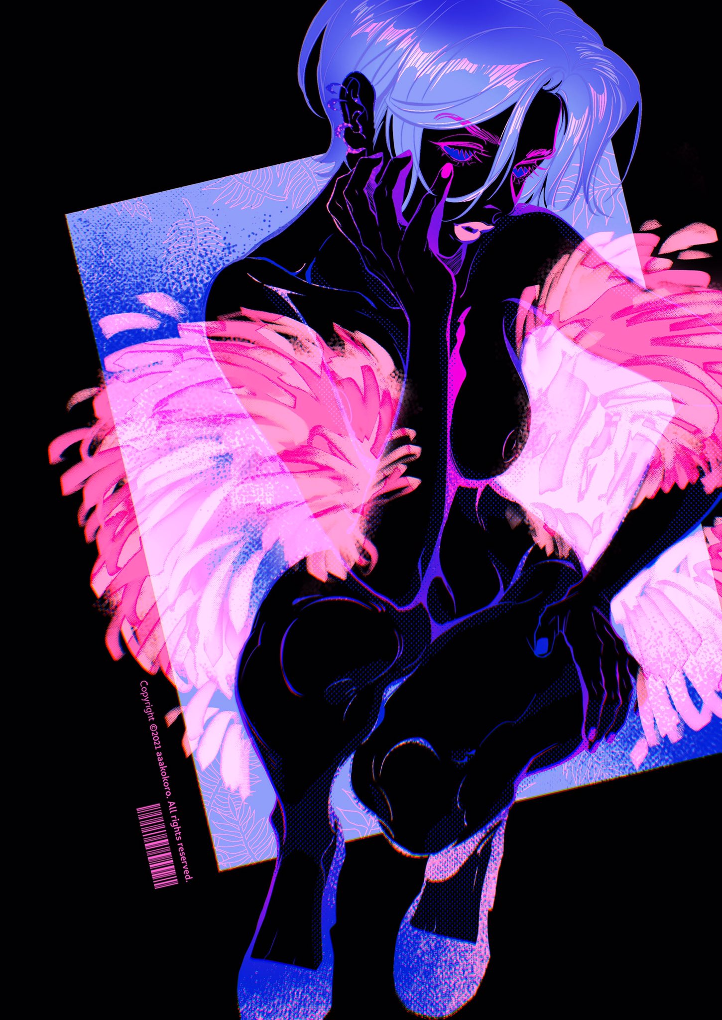 the image depicts a stylized illustration of a woman with short hair, bathed in vibrant neon lighting. she strikes a glamorous pose, adorned with a feather boa and partially draped in shadows against a dark background. the art style is reminiscent of cyberpunk and digital illustration, emphasizing bold lines and contrasting colors.