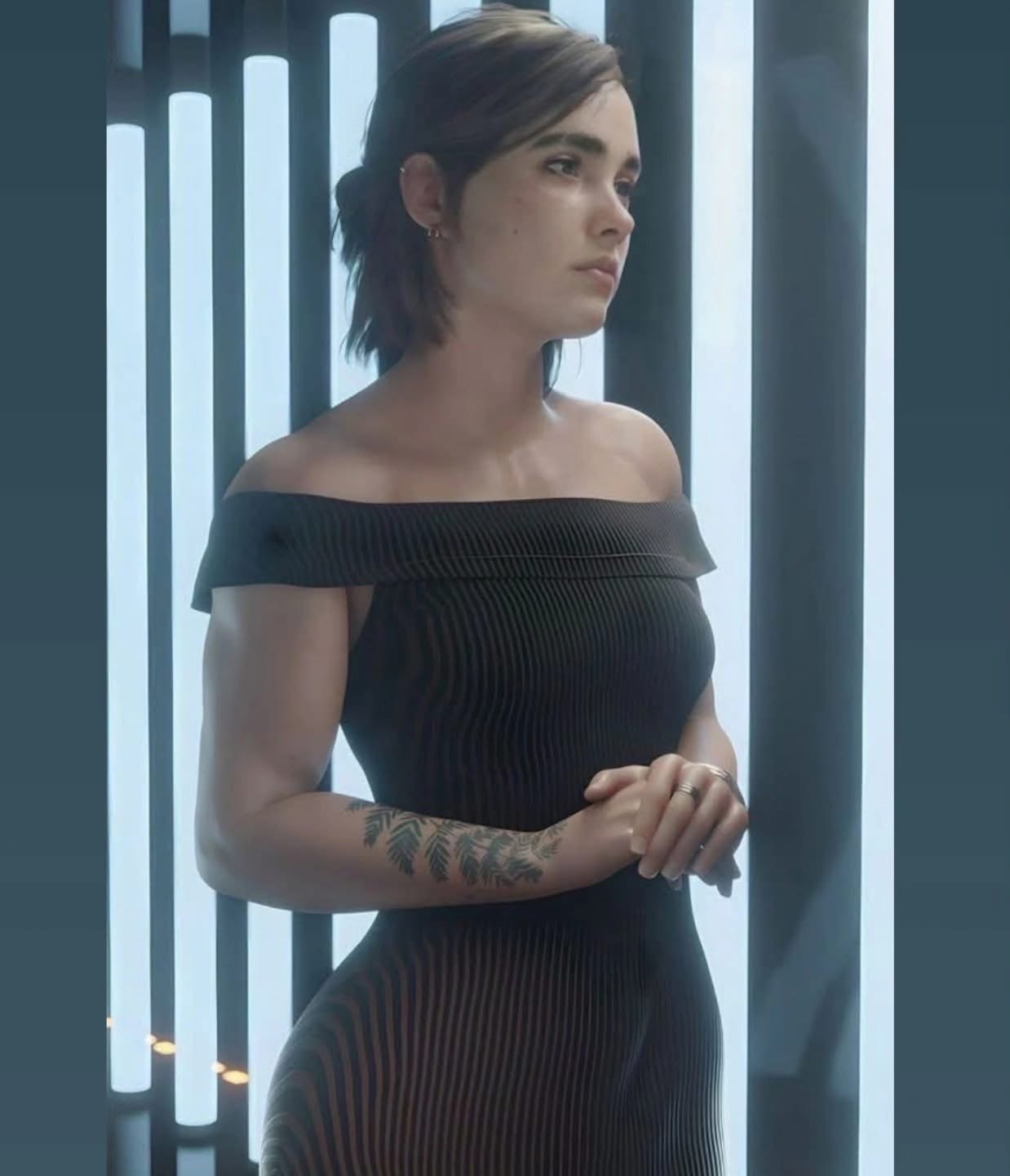 a digital art image shows ellie williams from the last of us, dressed in a formfitting black offshoulder dress. she has short, styled hair and wears jewelry, including earrings and rings. a tattoo is visible on her arm. the background features a pattern of bright, vertical lines.