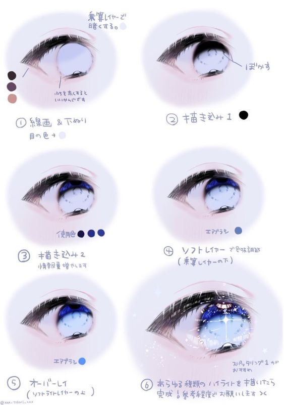 a tutorial on how to draw an anime eye. the tutorial is in japanese. the steps are: 1. draw the line art and base color of the eye. 2. add details to the eye. 3. add more details to the eye. 4. use a soft layer to adjust the color of the eye. 5. use an overlay layer to add highlights to the eye. 6. add highlights to the eye using a variety of methods.