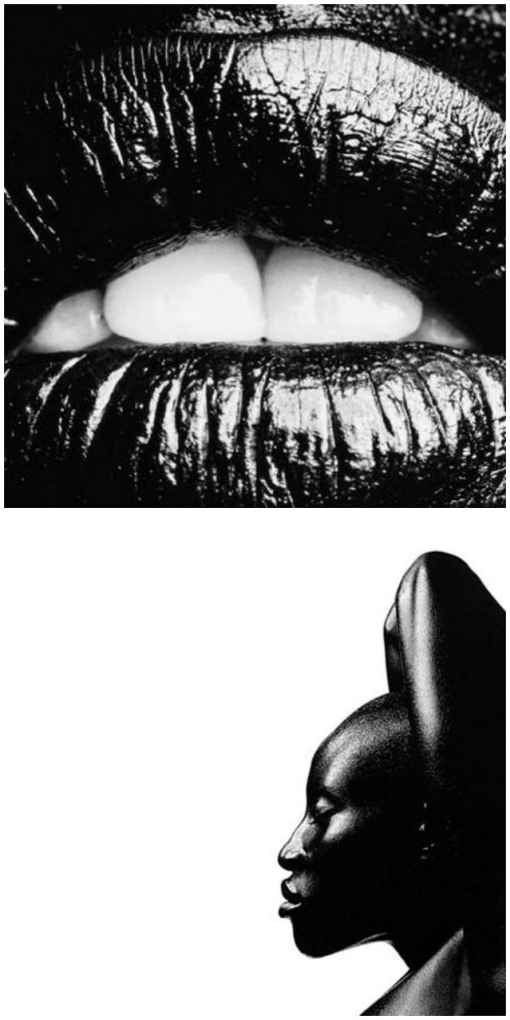 the image is a diptych, meaning it's composed of two distinct images. the top half is a striking closeup of a woman's dark, full lips, showcasing a high level of detail and texture.  the bottom half features a profile portrait of a woman with dark skin, her head and shoulders visible. she is elegantly posed, possibly draped in fabric.  both halves are in black and white, emphasizing contrast and shadow. the overall aesthetic is artistic, sophisticated, and potentially evokes themes of beauty, sensuality, and identity.