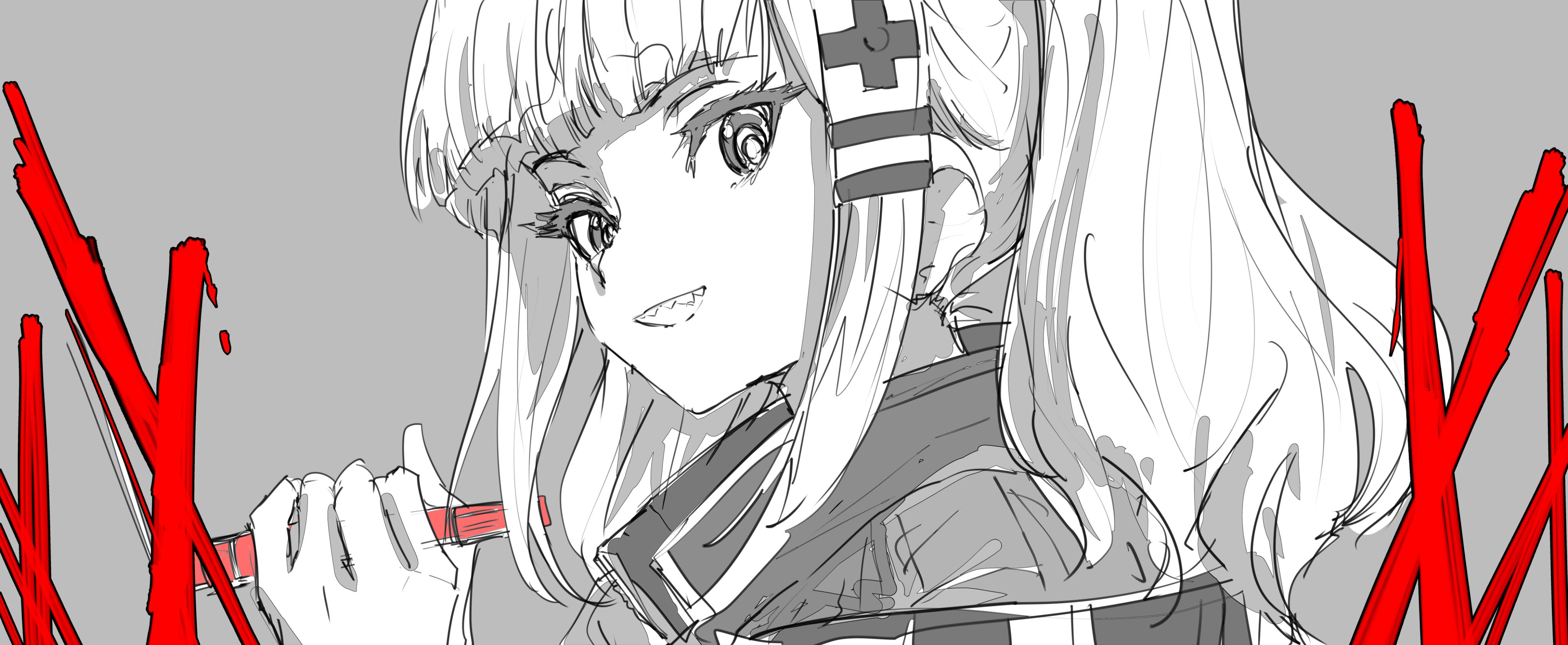 a closeup sketch of an anime girl with long white hair. she has large eyes and a determined expression. she's holding a red pen or similar object in her hand, and there are red, slashlike marks around her. the style is a rough sketch, with visible pencil strokes and shading. the overall mood is intense and dramatic.