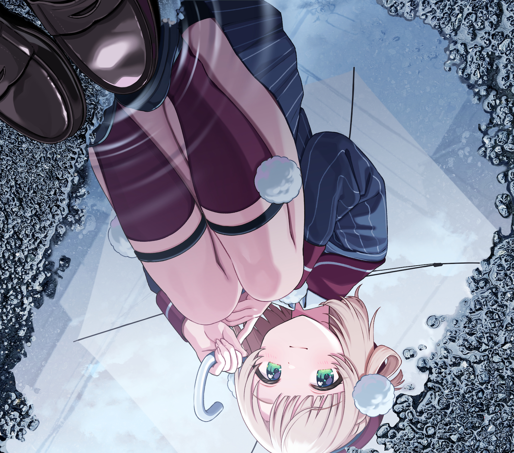 the image shows the reflection of a young anime girl in a puddle on a snowy street. she is wearing a blue and burgundy school uniform with thighhigh socks and is holding a white umbrella. her blonde hair is adorned with two fluffy white pompoms. the perspective is from below, giving a unique worm's eye view of the scene.