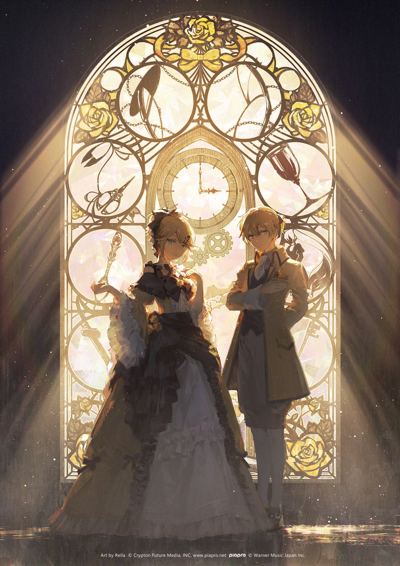 an illustration shows a blondehaired man and woman standing in front of a large, ornate stained glass window featuring a clock, various objects, and yellow roses. the woman, on the left, wears a formal gown with white ruffles. the man stands to her right, wearing a beige coat and suit. the stained glass window is backlit, casting a glow on the pair.