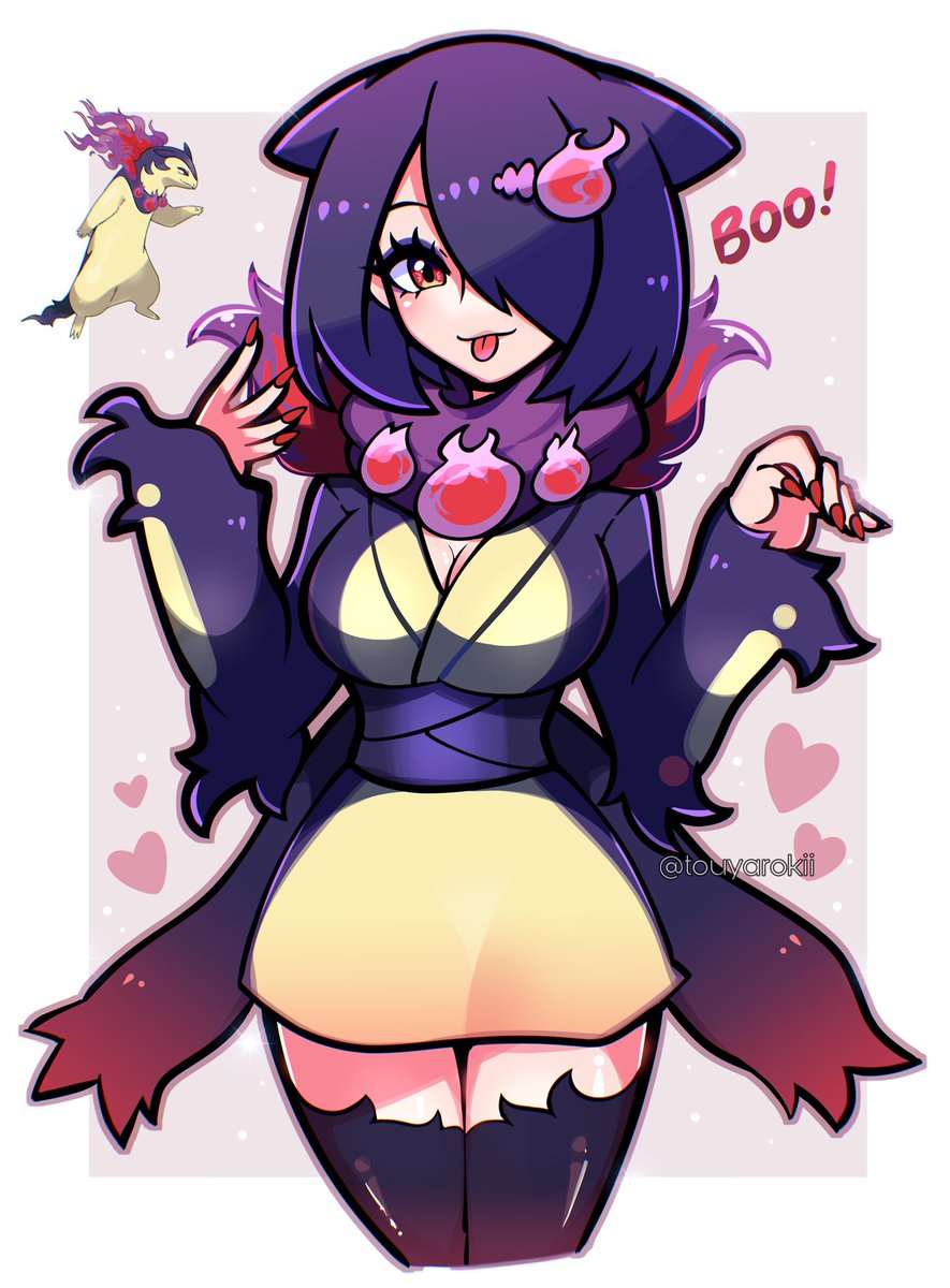 a cartoon drawing of an anime girl dressed as a goth witch for halloween, she has black hair, red eyes and a purple dress. she has a black cat pokemon, and is saying "boo!"  in a pink speech bubble.